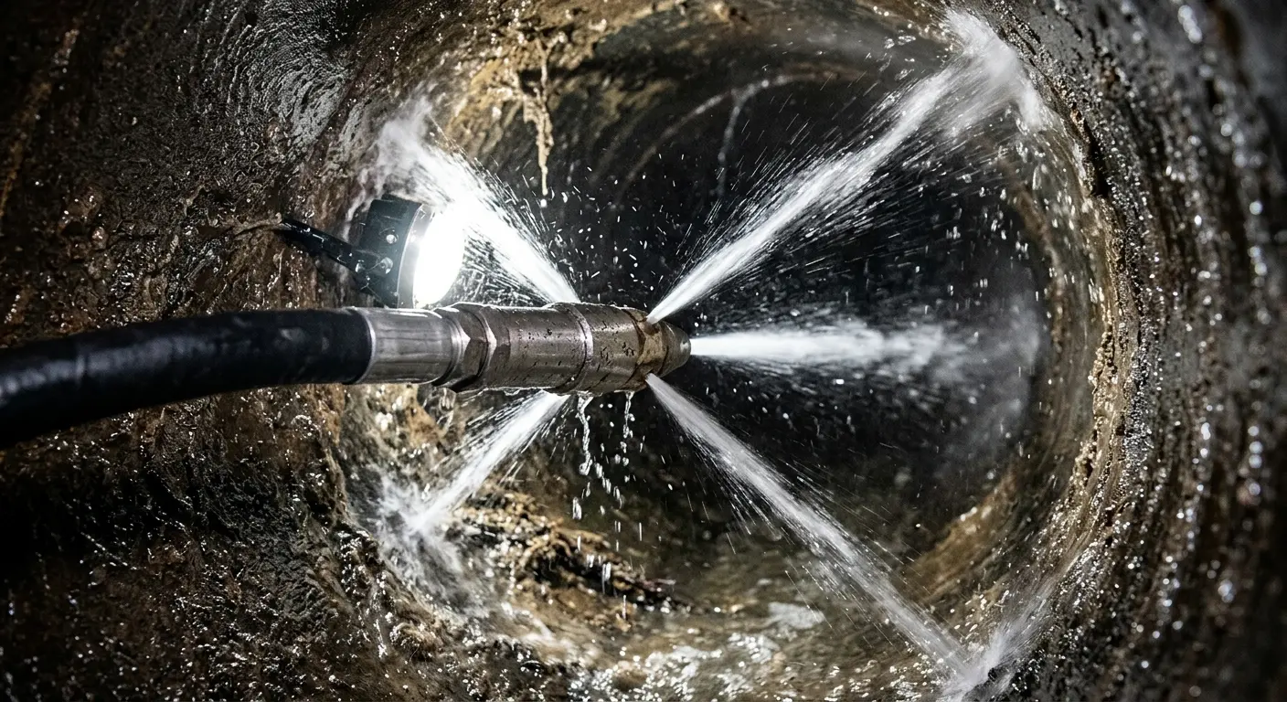 High-pressure hydro jetting nozzle cleaning sewer pipe for Trenchless Sewer Repair in Valley Falls
