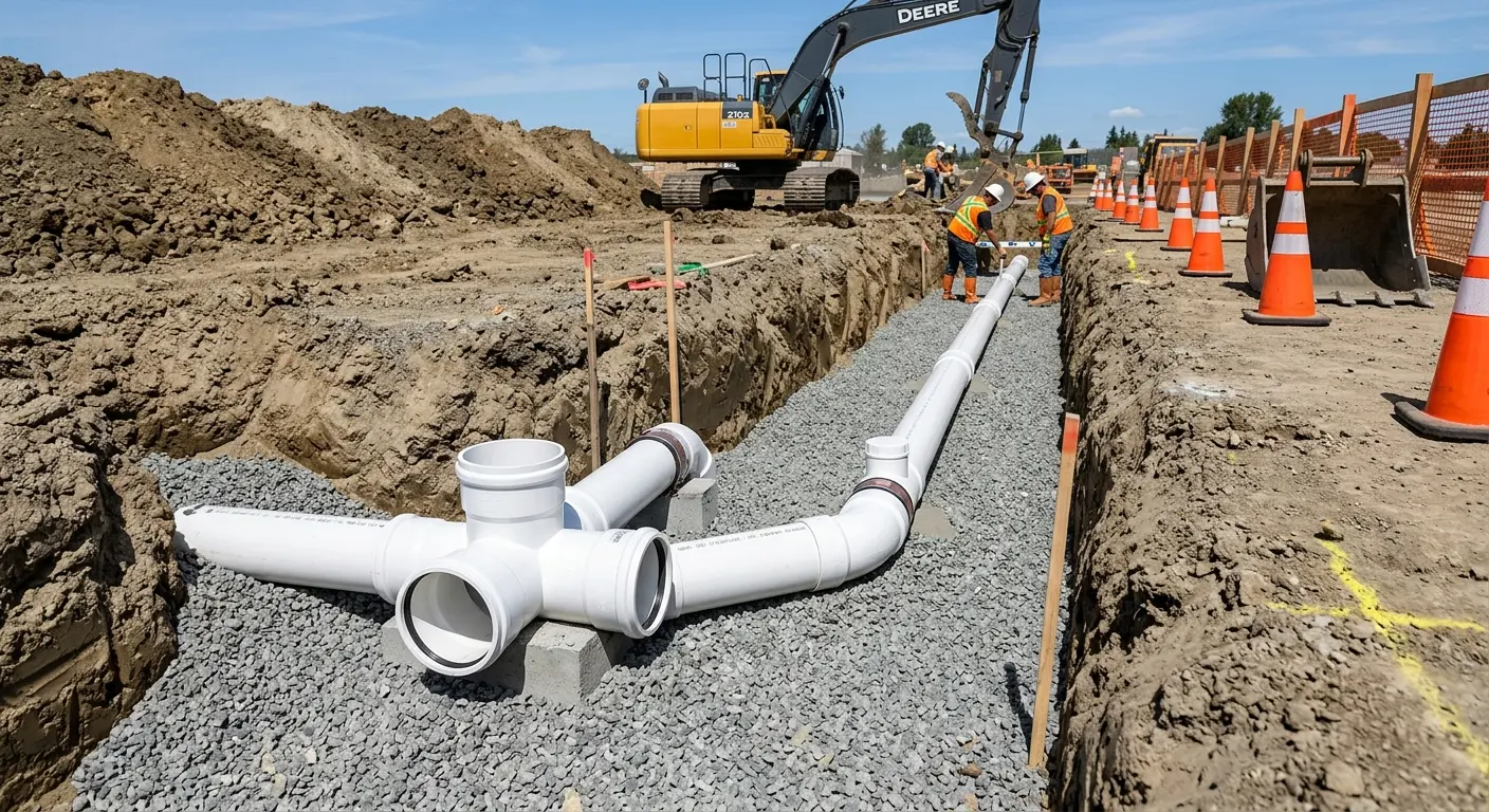 New PVC sewer pipe installation in open trench for Sewer Backup in Valley Falls