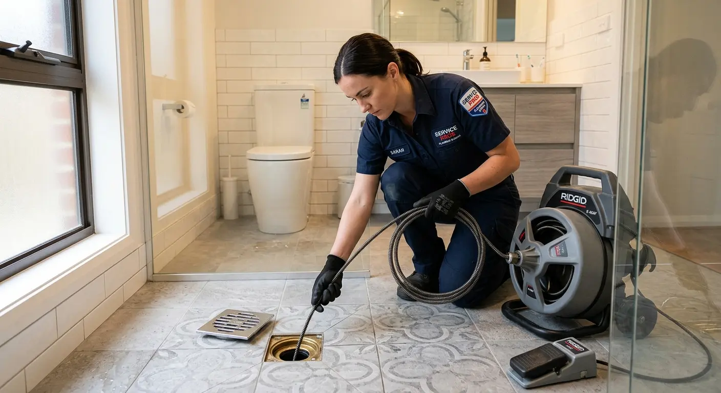 Technician clearing a bathroom floor drain for Sewer Line Replacement in Valley Falls